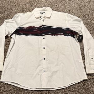 Alfani Men's White Shirt with Navy Blue and Red Accents